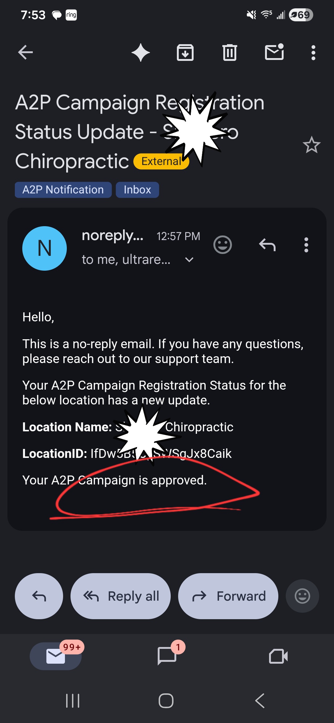TCR A2P campaign approval email