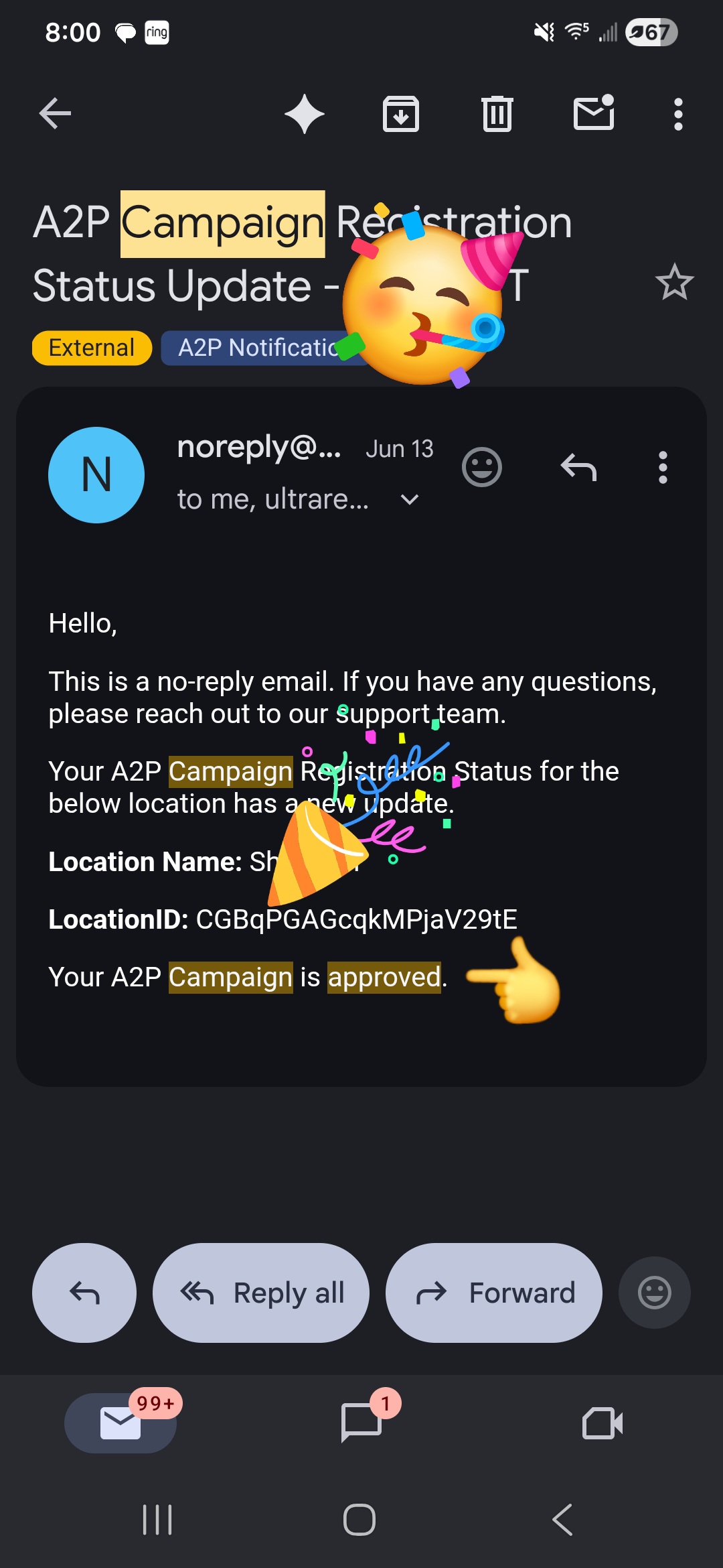TCR A2P campaign approval email