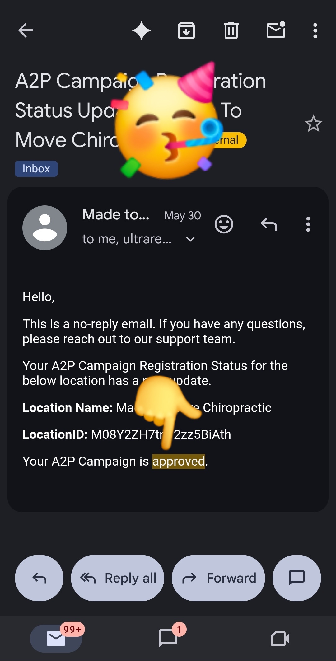 TCR A2P campaign approval email