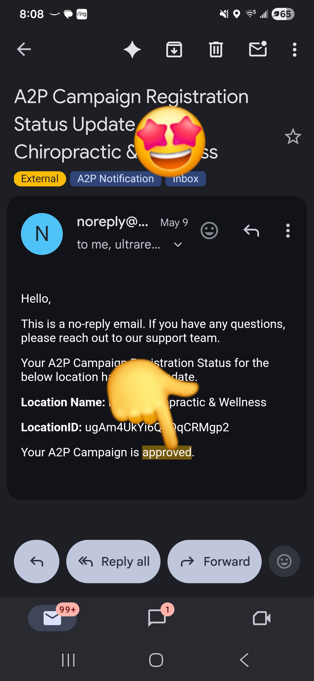 TCR A2P campaign approval email