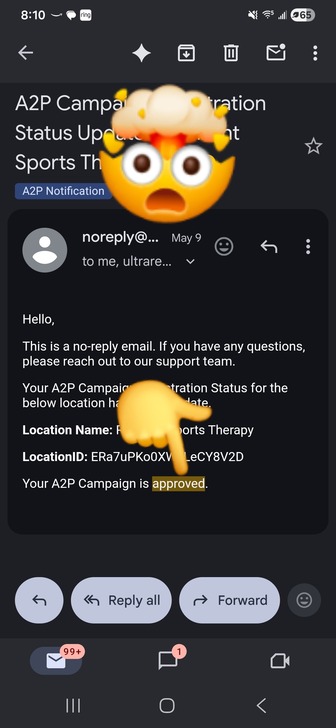 TCR A2P campaign approval email
