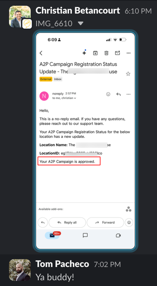 Christian Betancourt sharing his A2P approval in Slack